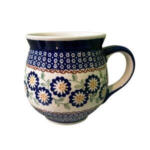 Boleslawcu Polish Pottery 10oz Blue Rose Peach Blossom Mosaic Bubble Mug